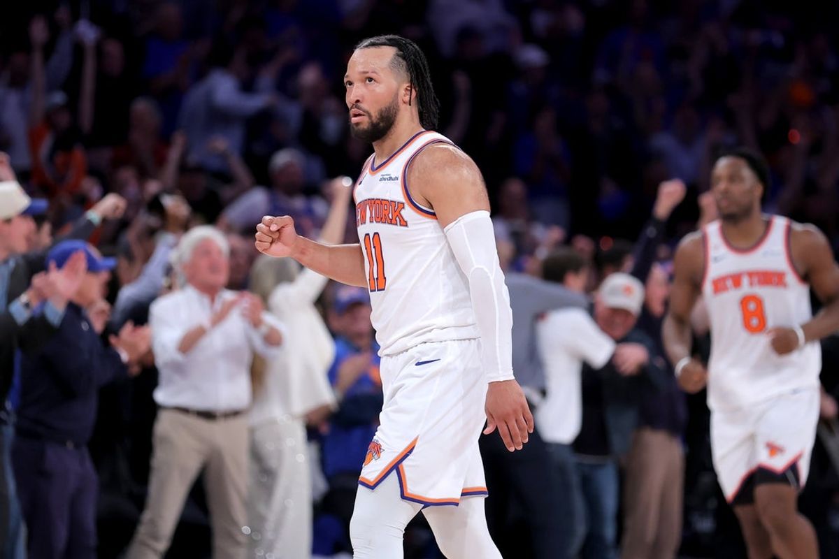 Jun 10, 2026; New York, New York, USA; New York Knicks guard Jalen Brunson (11) reacts during the fourth quarter of game four of the 2026 NBA Finals against the San Antonio Spurs at Madison Square Garden. Mandatory Credit: Brad Penner-Imagn Images