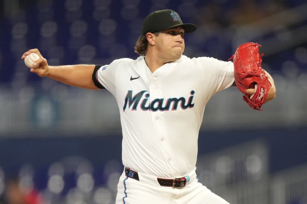 Jun 11, 2026; Miami, Florida, USA;  Miami Marlins pitcher Tyler Phillips (30) throws in the first inning against the Arizona Diamondbacks at loanDepot Park. Mandatory Credit: Jim Rassol-Imagn Images