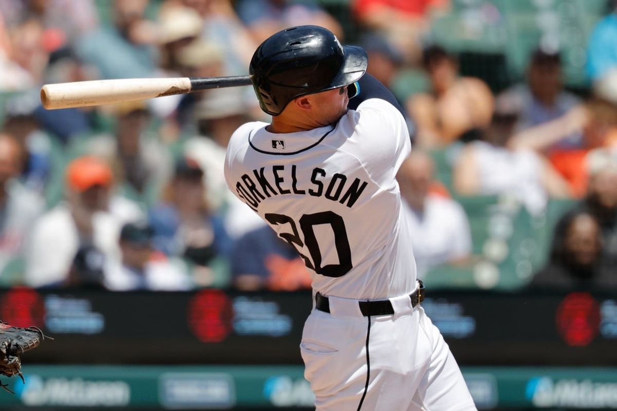 Jun 11, 2026; Detroit, Michigan, USA;  Detroit Tigers first baseman Spencer Torkelson (20) hits a two run home run in the fourth inning against the Minnesota Twins at Comerica Park. Mandatory Credit: Rick Osentoski-Imagn Images