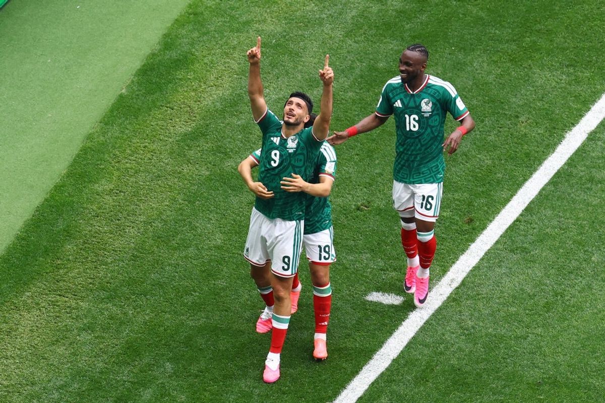 June 11, 2026; Mexico City, Mexico; Mexico's Raul Jimenez celebrates scoring their second goal with Gilberto Mora and Julian Quinones. Mandatory Credit: Raquel Cunha-REUTERS via Imagn Images