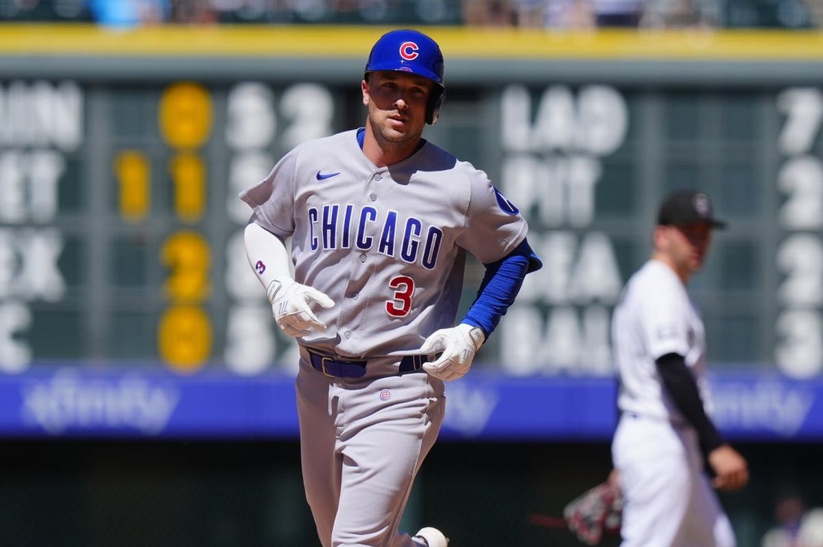 Jun 11, 2026; Denver, Colorado, USA; Chicago Cubs third baseman Alex Bregman (3) runs off his two run home run in the seventh inning against the Colorado Rockies at Coors Field. Mandatory Credit: Ron Chenoy-Imagn Images