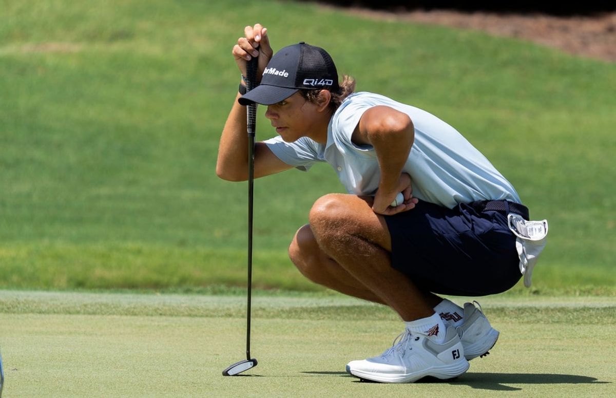 Charlie Woods lines up a putt during the 109th Florida Amateur Championship at The Club at Admiral's Cove on June 11, 2026 in Jupiter, Florida.