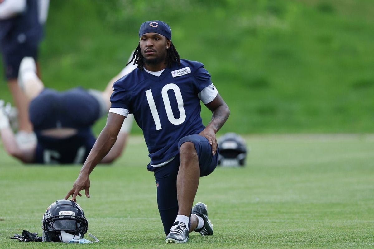 Jun 11, 2026; Lake Forest, IL, USA; Chicago Bears wide receiver Luther Burden III (10) stretches during Minicamp at Halas Hall. Mandatory Credit: Kamil Krzaczynski-Imagn Images