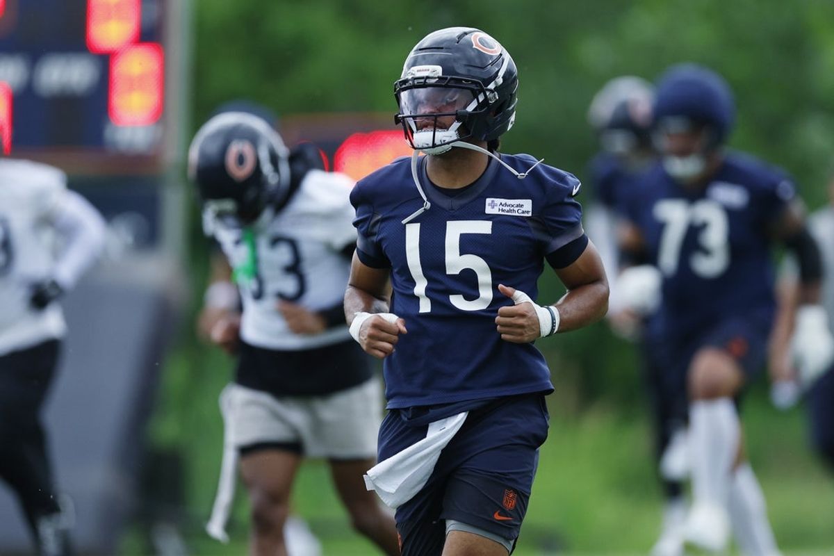 Jun 11, 2026; Lake Forest, IL, USA; Chicago Bears wide receiver Rome Odunze (15) run on the field during Minicamp at Halas Hall. Mandatory Credit: Kamil Krzaczynski-Imagn Images