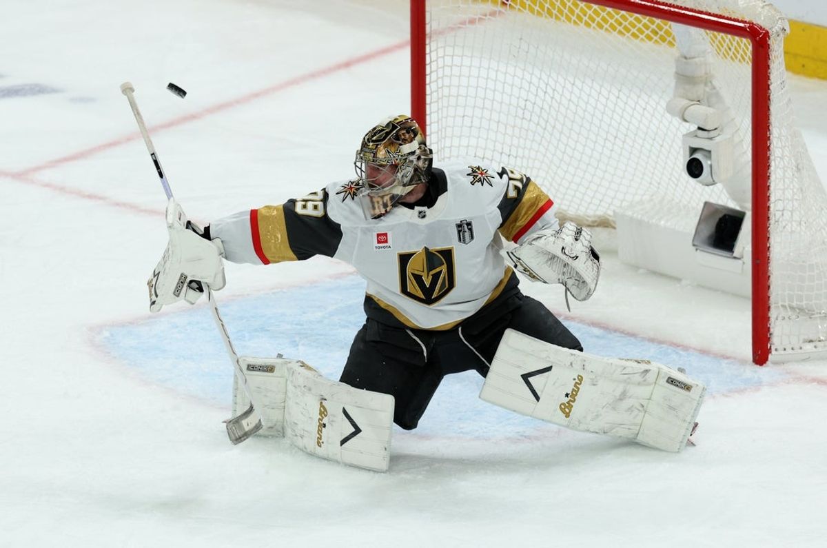 Jun 11, 2026; Raleigh, North Carolina, USA; Vegas Golden Knights goaltender Carter Hart (79) makes a save during the third period against the Carolina Hurricanes in game five of the 2026 Stanley Cup Final at Lenovo Center. Mandatory Credit: Nathan Ray Seebeck-Imagn Images