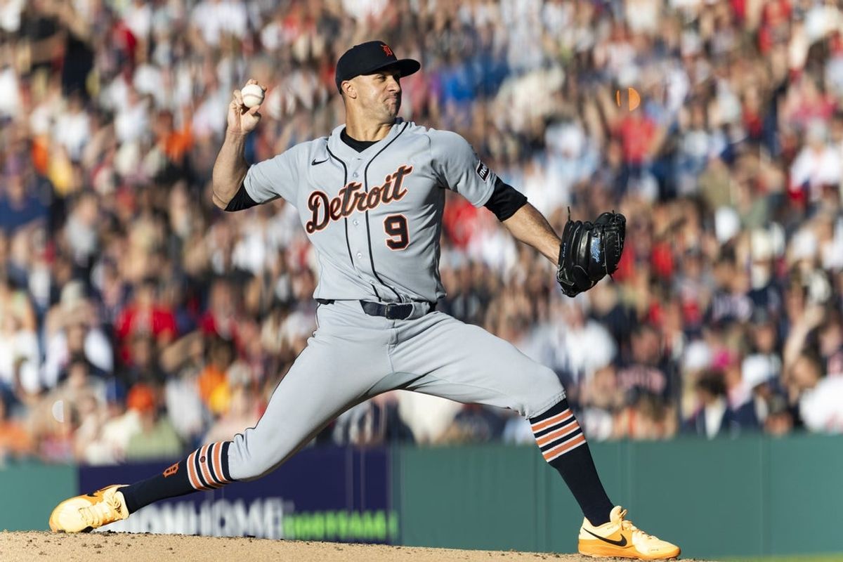 Jun 12, 2026; Cleveland, Ohio, USA; Detroit Tigers starting pitcher Jack Flaherty (9) throws his first pitch of the game during the first inning against the Cleveland Guardians at Progressive Field. Mandatory Credit: Scott Galvin-Imagn Images