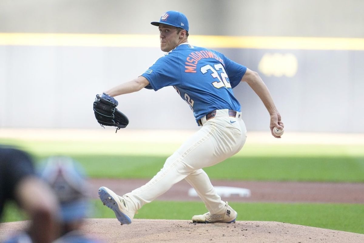 Jun 12, 2026; Milwaukee, Wisconsin, USA; Milwaukee Brewers pitcher Jacob Misiorowski (32) delivers a pitch against the Philadelphia Phillies win the first inning the first inning at American Family Field. Mandatory Credit: Michael McLoone-Imagn Images