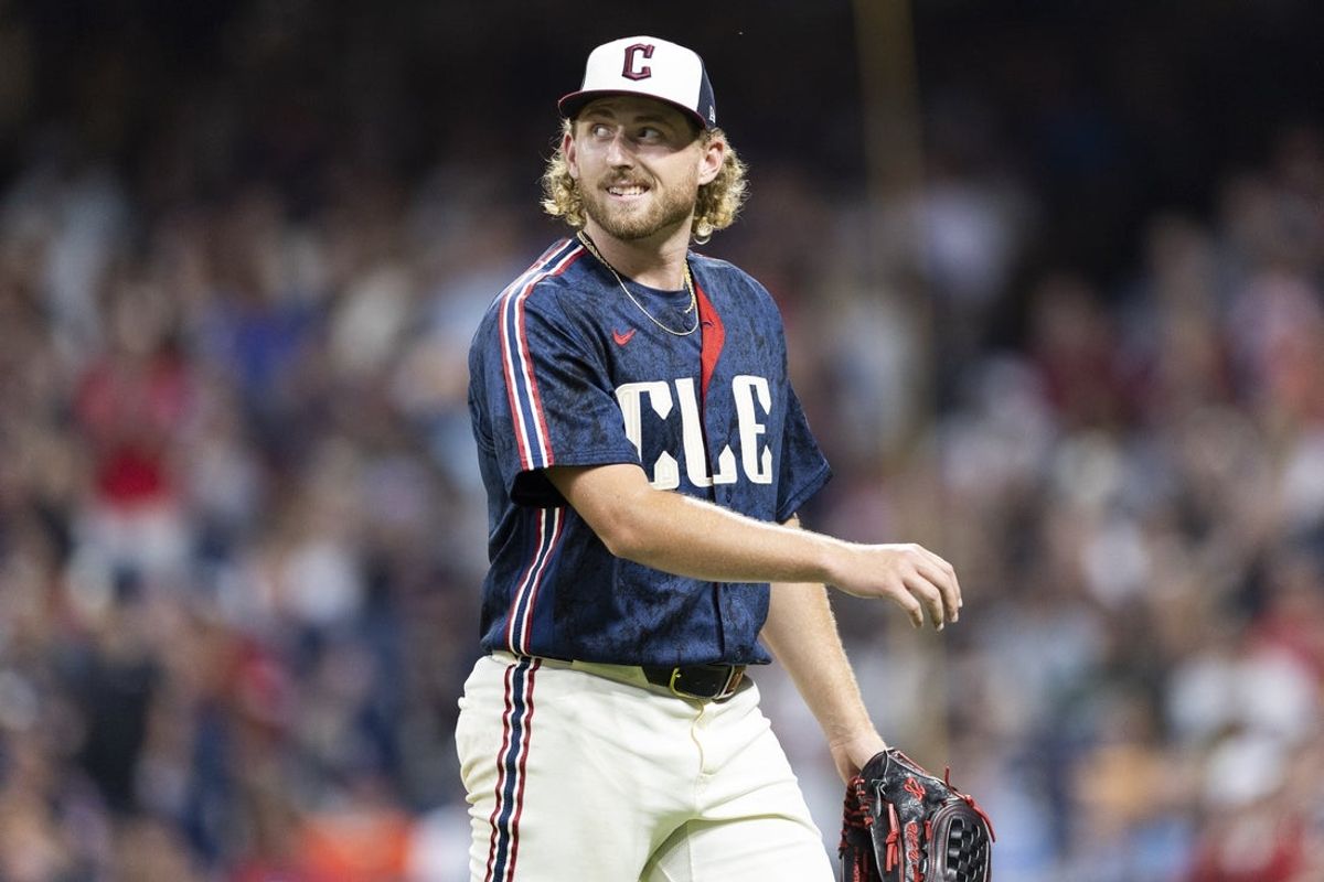 Jun 12, 2026; Cleveland, Ohio, USA; Cleveland Guardians starting pitcher Tanner Bibee (28) walks back to the dugout after being pulled for giving up a home run against the Detroit Tigers during the eighth inning at Progressive Field. Mandatory Credit: Scott Galvin-Imagn Images