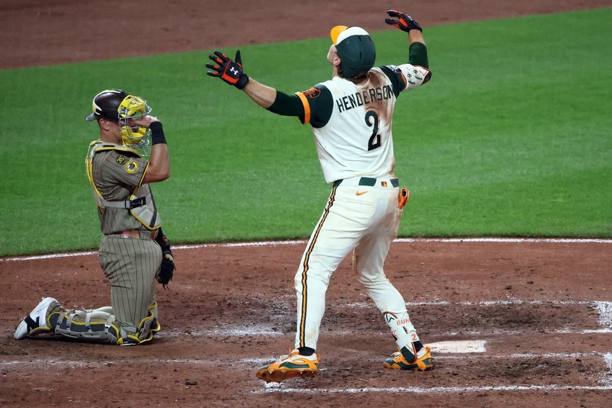 Jun 12, 2026; Baltimore, Maryland, USA; Baltimore Orioles shortstop Gunnar Henderson (2) celebrates after hitting his 100th career home run during the fourth inning against the San Diego Padres at Oriole Park at Camden Yards. Mandatory Credit: Daniel Kucin Jr.-Imagn Images