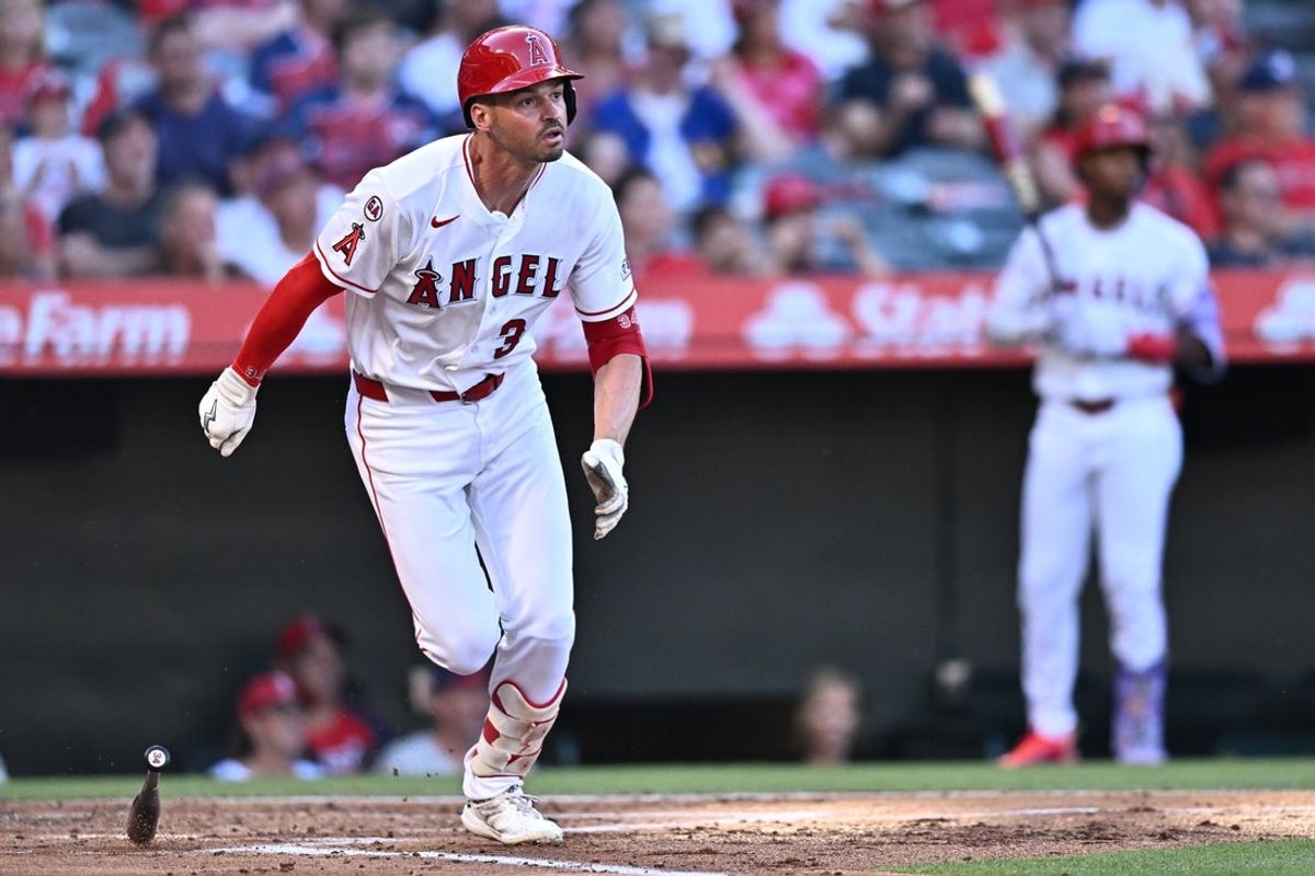 Jun 12, 2026; Anaheim, California, USA; Los Angeles Angels first baseman Trey Mancini (34) runs after hitting an RBI triple during the first inning against the Tampa Bay Rays at Angel Stadium. Mandatory Credit: William Liang-Imagn Images