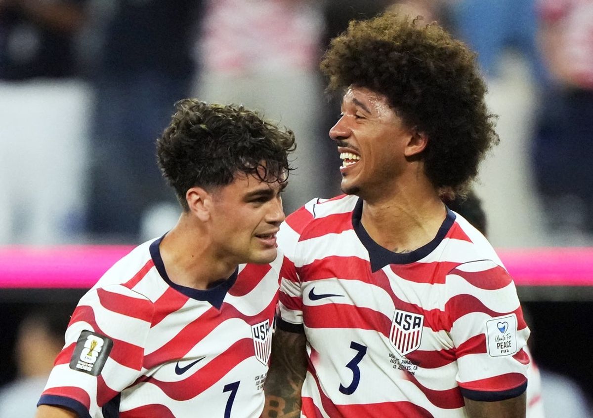 June 12, 2026; Inglewood, California, U.S.; Giovanni Reyna of the U.S. celebrates scoring their fourth goal with Chris Richards.  Mandatory Credit: Kirby Lee-Imagn Images