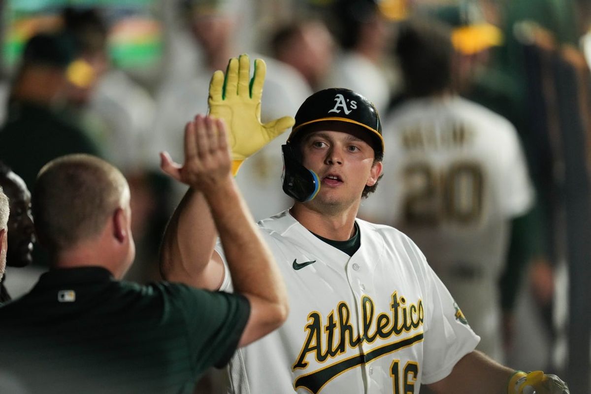 Jun 12, 2026; Summerlin, Nevada, USA; Athletics first baseman Nick Kurtz (16) celebrates with teammates after hitting a home run during the fifth inning against the Colorado Rockies at the Las Vegas Ballpark. Mandatory Credit: Lucas Peltier-Imagn Images
