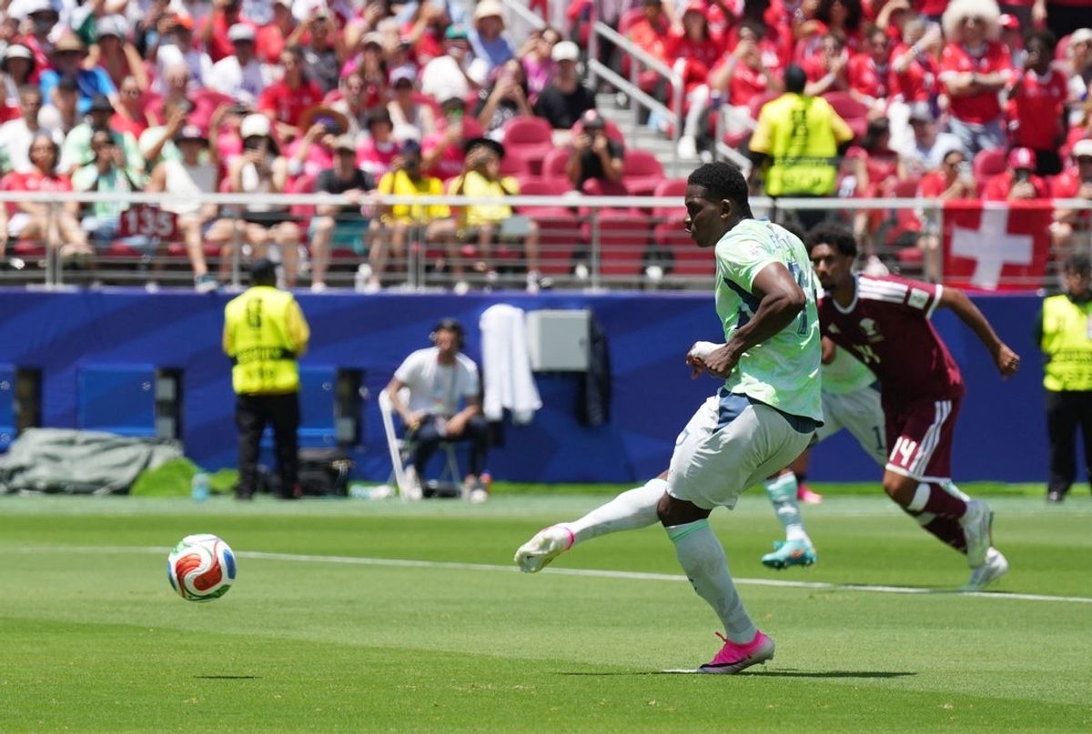 June 13, 2026; Santa Clara, California, U.S.; Switzerland's Breel Embolo scores their first goal from the penalty spot.  Mandatory Credit: Darren Yamashita-Imagn Images
