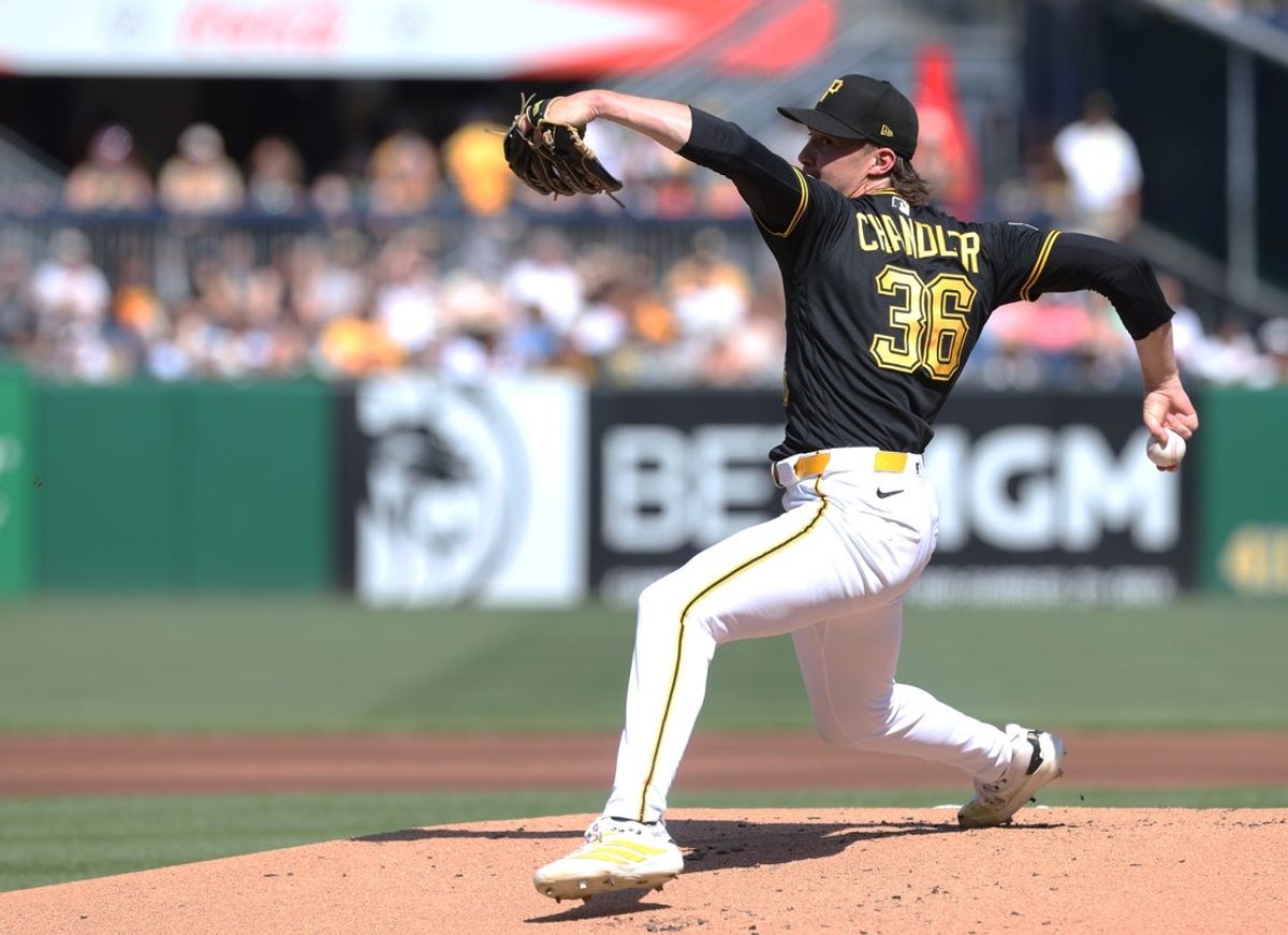 Jun 13, 2026; Pittsburgh, Pennsylvania, USA;  Pittsburgh Pirates starting pitcher Bubba Chandler (36) delivers a pitch against  the Miami Marlins during the first inning at PNC Park. Mandatory Credit: Charles LeClaire-Imagn Images