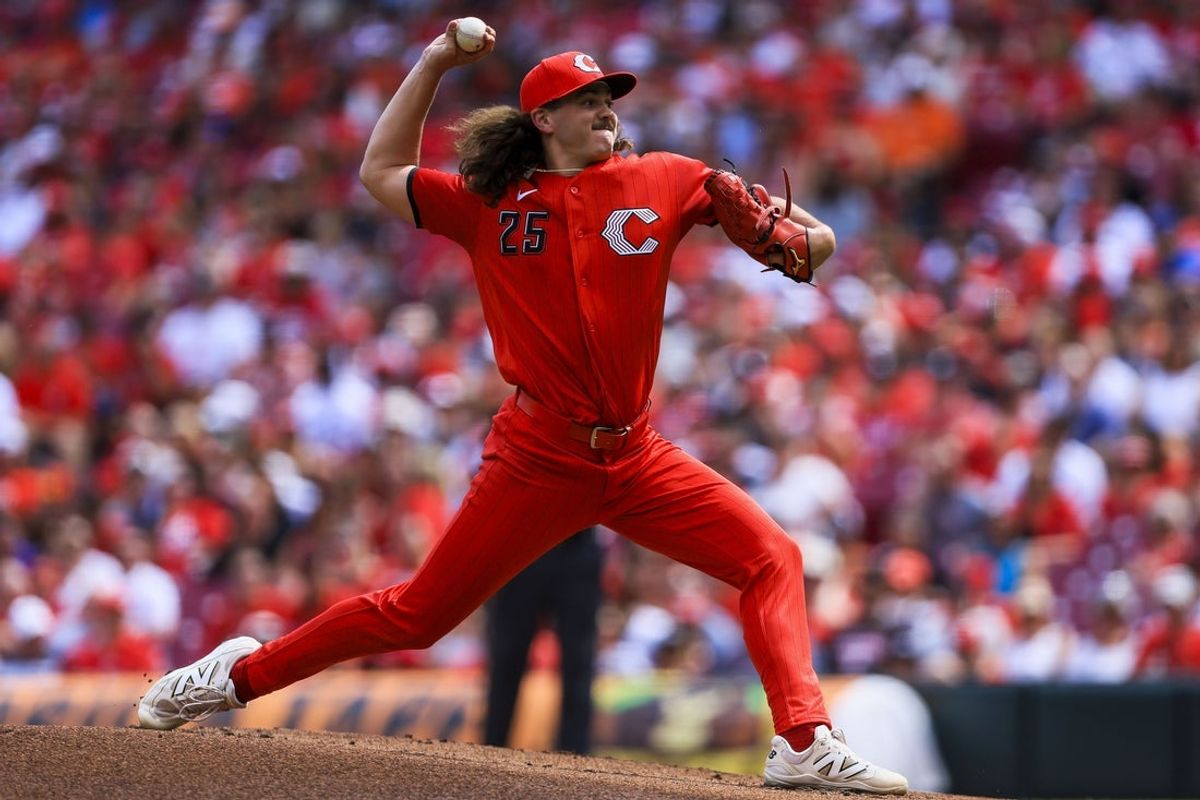 Jun 13, 2026; Cincinnati, Ohio, USA; Cincinnati Reds starting pitcher Rhett Lowder (25) pitches against the Arizona Diamondbacks in the first inning at Great American Ball Park. Mandatory Credit: Katie Stratman-Imagn Images