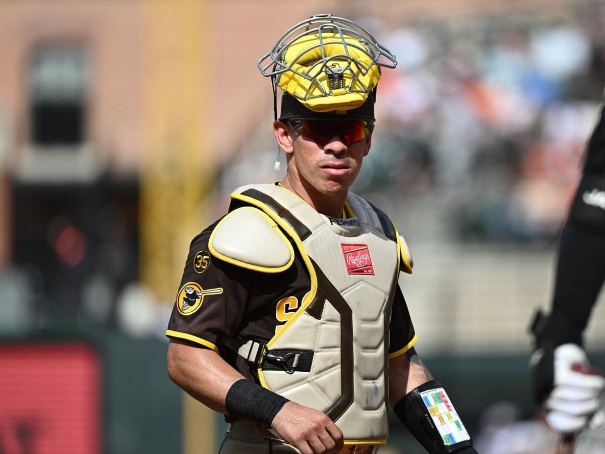 Jun 13, 2026; Baltimore, Maryland, USA;  San Diego Padres catcher Freddy Fermin (54) looks to the dugout during the second inning against the Baltimore Orioles at Oriole Park at Camden Yards. Mandatory Credit: James A. Pittman-Imagn Images