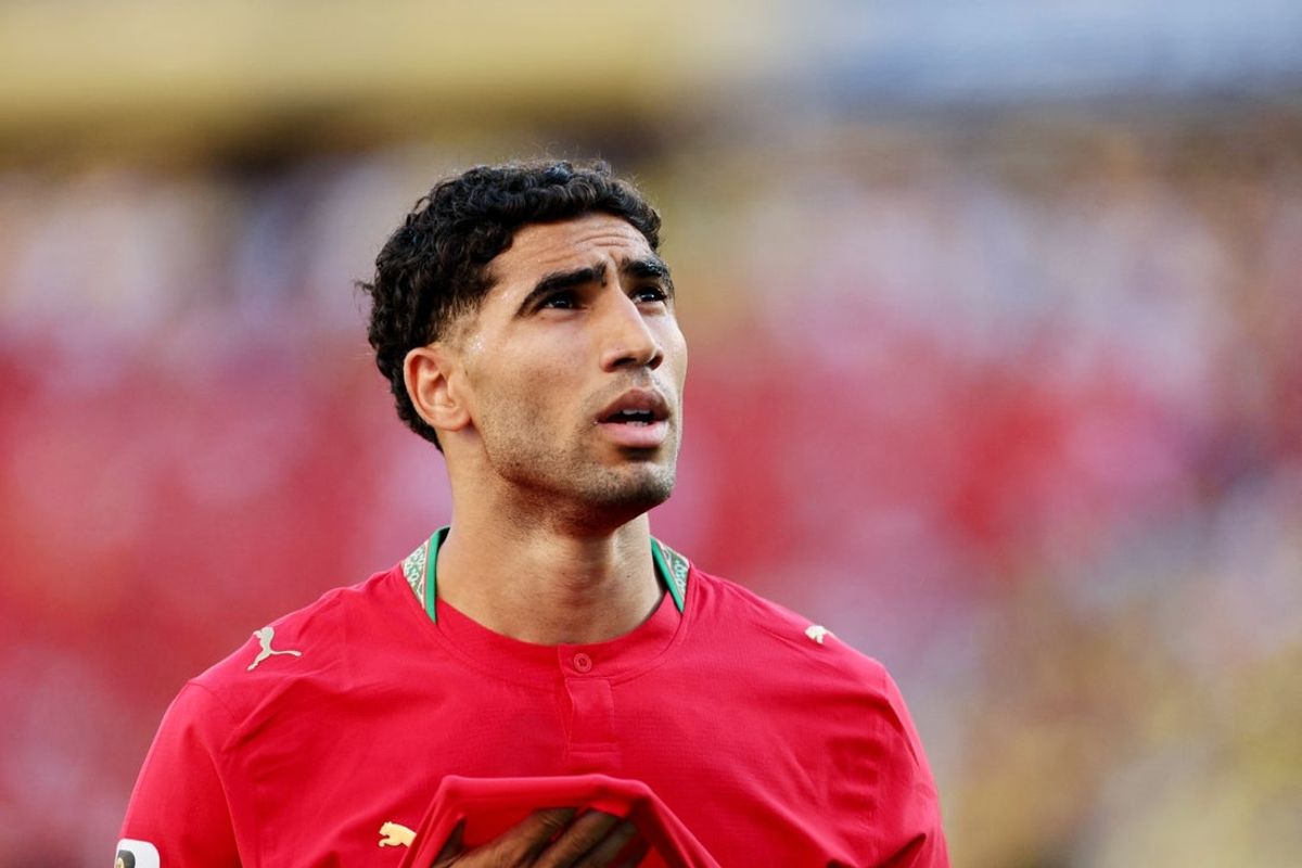 13 de junho de 2026; East Rutherford, Nova Jersey, EUA; Achraf Hakimi, do Marrocos, reage contra o Brasil. Crédito obrigatório: Caean Couto-Imagn Images