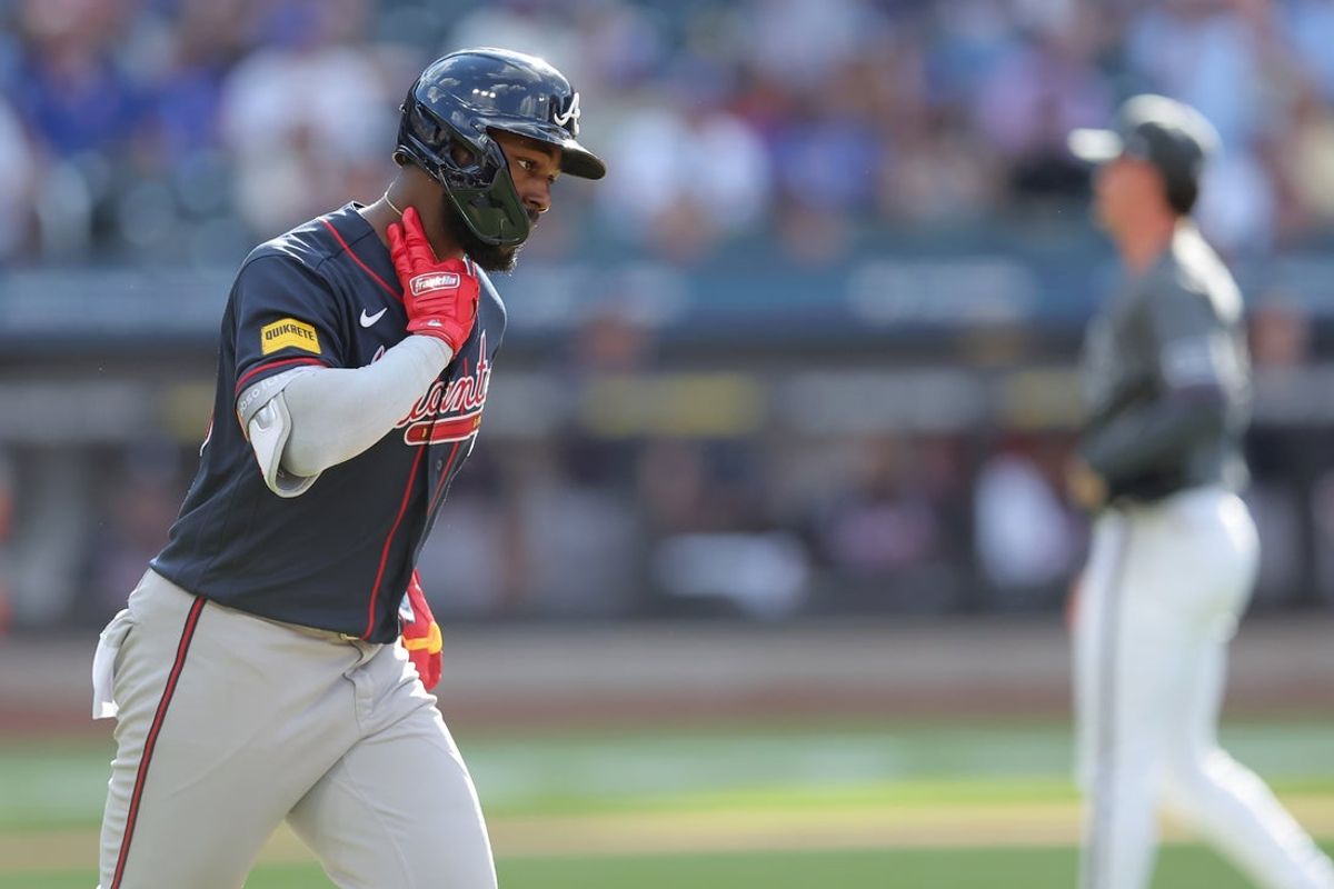 Jun 13, 2026; New York City, New York, USA; Atlanta Braves center fielder Michael Harris II (23) rounds the bases after hitting a solo home run against New York Mets relief pitcher Austin Warren (44) during the eighth inning at Citi Field. Mandatory Credit: Brad Penner-Imagn Images