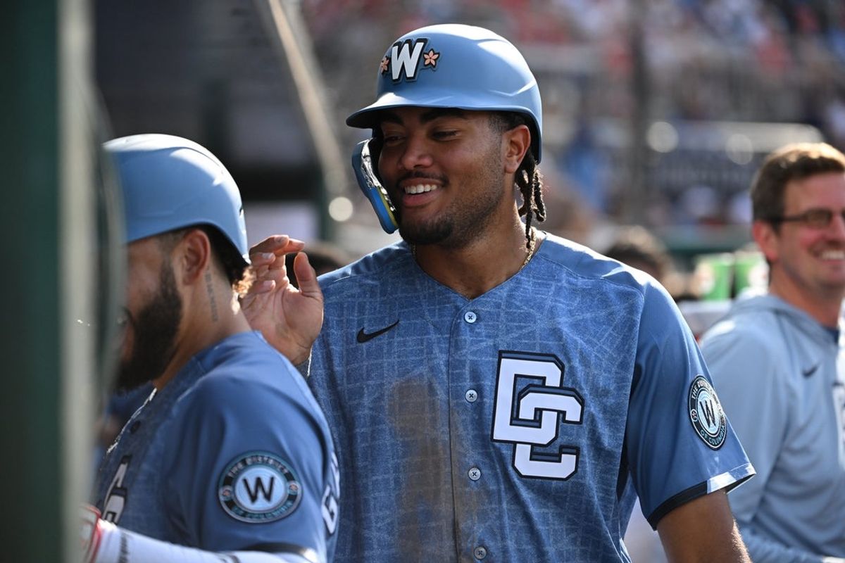 Jun 13, 2026; Washington, District of Columbia, USA; Washington Nationals right fielder James Wood (29) reacts in the dugout after scoring a run against the Seattle Mariners during the fifth inning at Nationals Park. Mandatory Credit: Rafael Suanes-Imagn Images