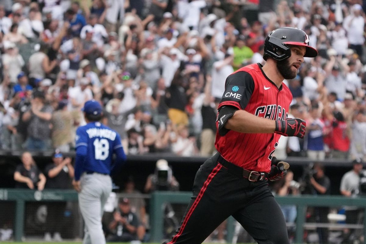 Jun 13, 2026; Chicago, Illinois, USA; Chicago White Sox center fielder Tristan Peters (29) runs the bases after getting the first hit off of Los Angeles Dodgers pitcher Yoshinobu Yamamoto (18) during the ninth inning at Rate Field. Mandatory Credit: David Banks-Imagn Images