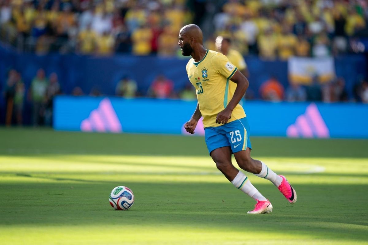 Brazil forward Igor Thiago (25) looks to pass the ball during a FIFA World Cup Group C match between Brazil and Morocco at New York New Jersey Stadium on Saturday, June 13, 2026, in East Rutherford, New Jersey.