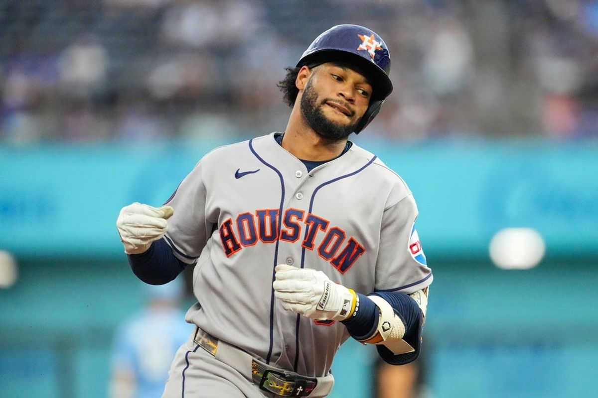Jun 13, 2026; Kansas City, Missouri, USA; Houston Astros left fielder Brice Matthews (0) celebrates while running the bases against the Kansas City Royals after hitting a two run home run during the fifth inning at Kauffman Stadium. Mandatory Credit: Denny Medley-Imagn Images