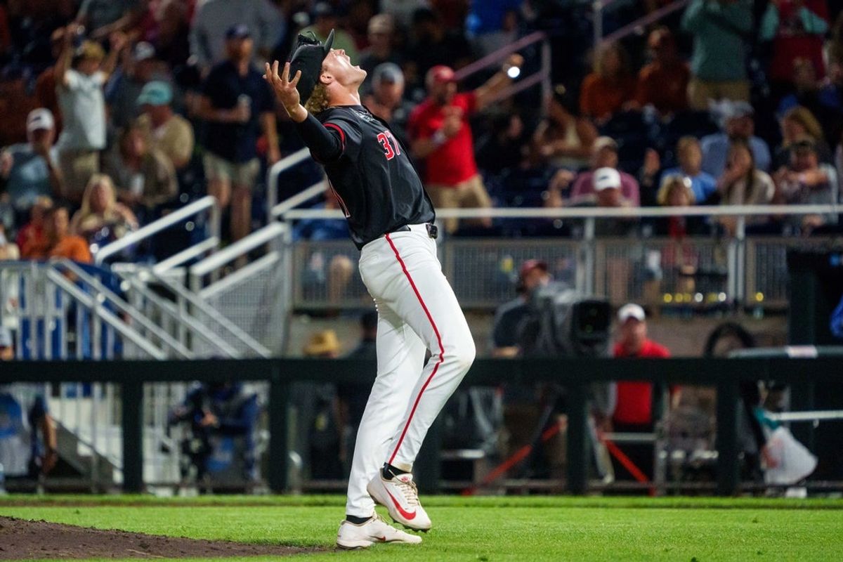 Jun 13, 2026; Omaha, NE, USA; Georgia Bulldogs starting pitcher Joey Volchko (37) celebrates after defeating the Texas Longhorns at Charles Schwab Field. Mandatory Credit: Dylan Widger-Imagn Images