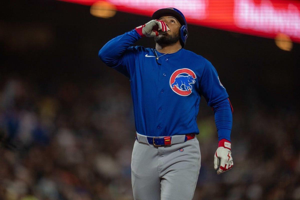 Jun 13, 2026; San Francisco, California, USA; Chicago Cubs third baseman Pedro Ramírez (75) celebrates as he touches home plate after hitting a solo home run against the San Francisco Giants during the fifth inning at Oracle Park. Mandatory Credit: Neville E. Guard-Imagn Images