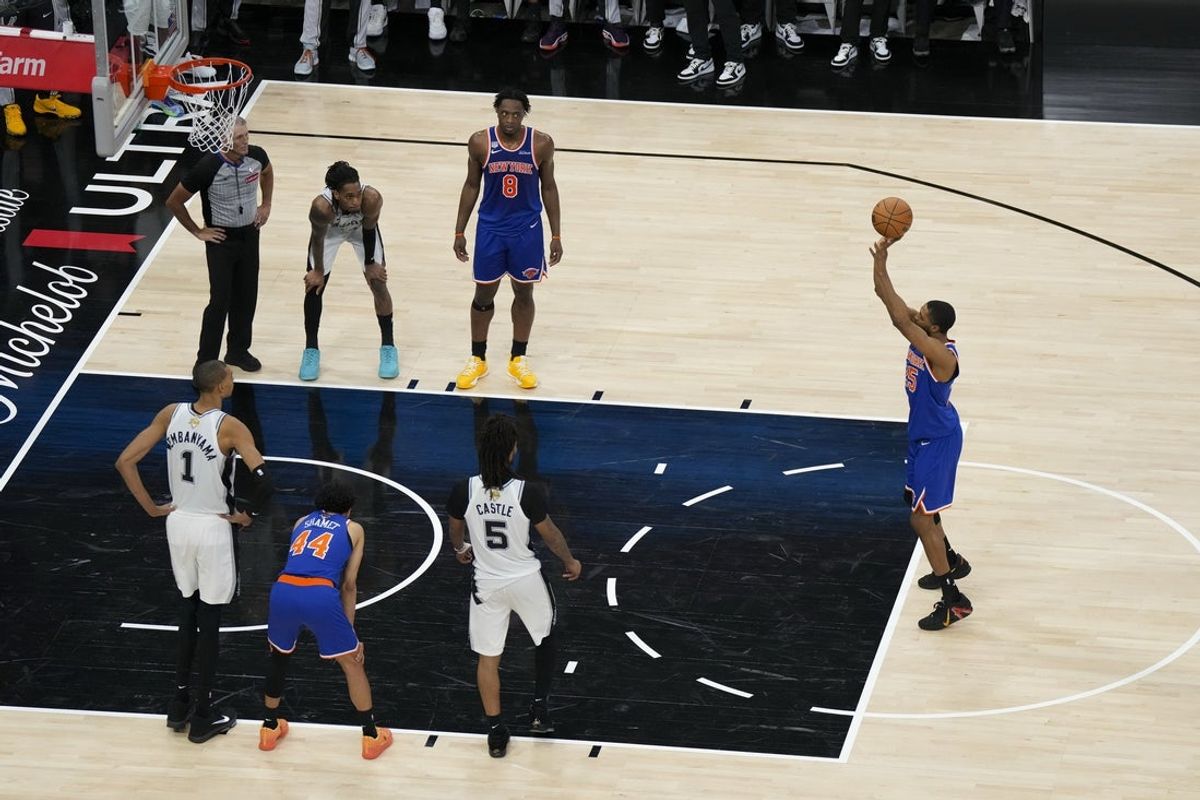 Jun 13, 2026; San Antonio, Texas, USA; New York Knicks guard Mikal Bridges (25) makes a free throw during the fourth quarter during game five of the 2026 NBA Finals at Frost Bank Center. Mandatory Credit: Scott Wachter-Imagn Images