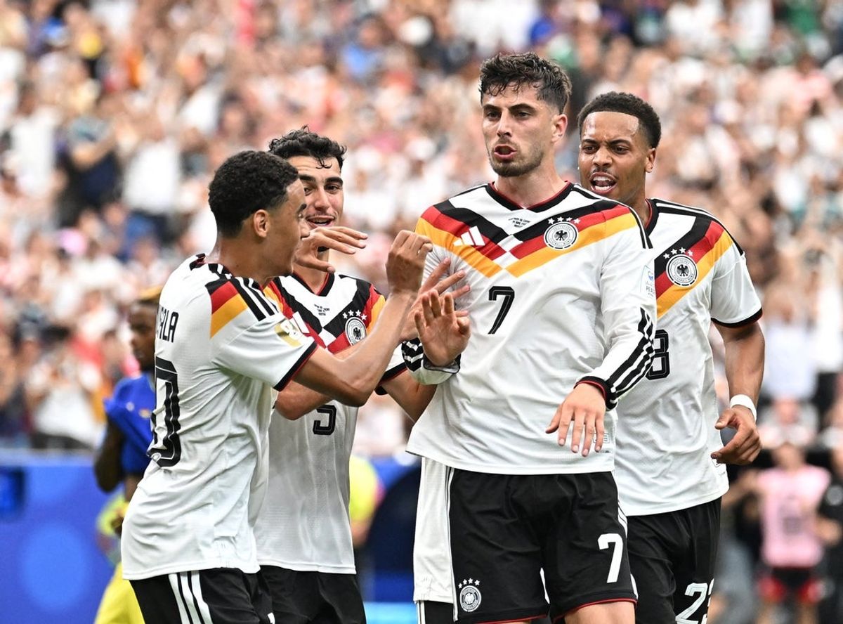 June 14, 2026; Houston, Texas, U.S.; Germany's Kai Havertz celebrates scoring their third goal with teammates.  Mandatory Credit: Maria Lysaker-Imagn Images