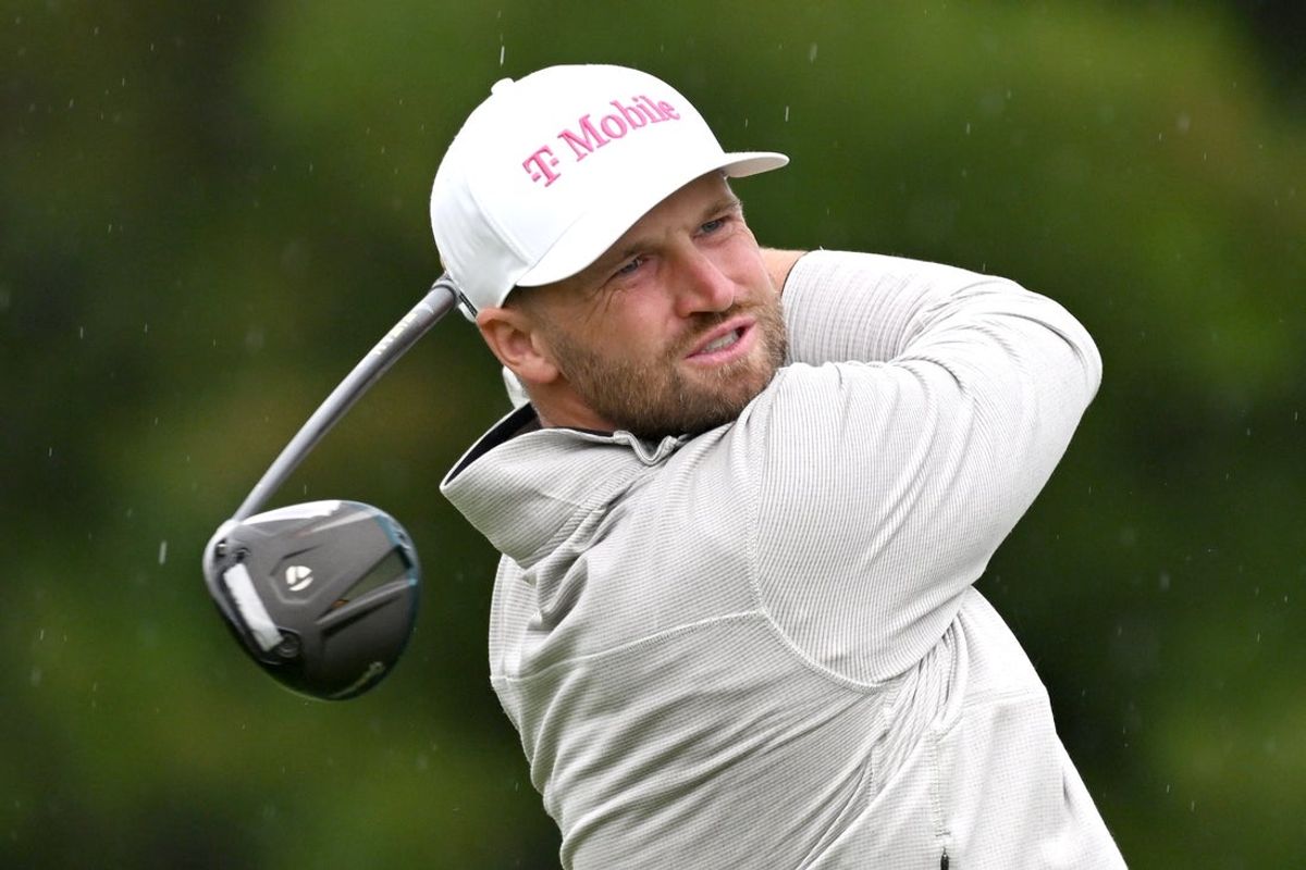 Jun 14, 2026; Caledon, Ontario, CAN;  Wyndham Clark hits his tee shot at the second hole during the final round of the RBC Canadian Open golf tournament. Mandatory Credit: Dan Hamilton-Imagn Images