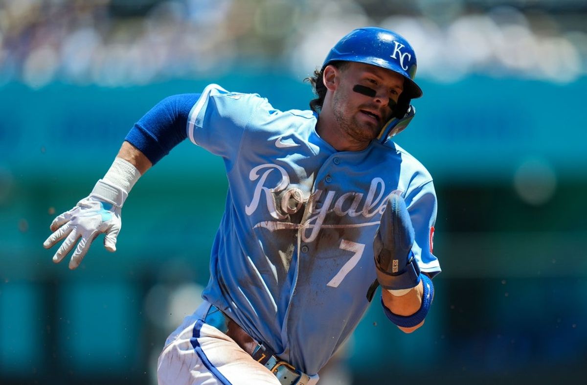 Jun 14, 2026; Kansas City, Missouri, USA; Kansas City Royals shortstop Bobby Witt Jr. (7) rounds third base to score a run during the first inning against the Houston Astros at Kauffman Stadium. Mandatory Credit: Jay Biggerstaff-Imagn Images