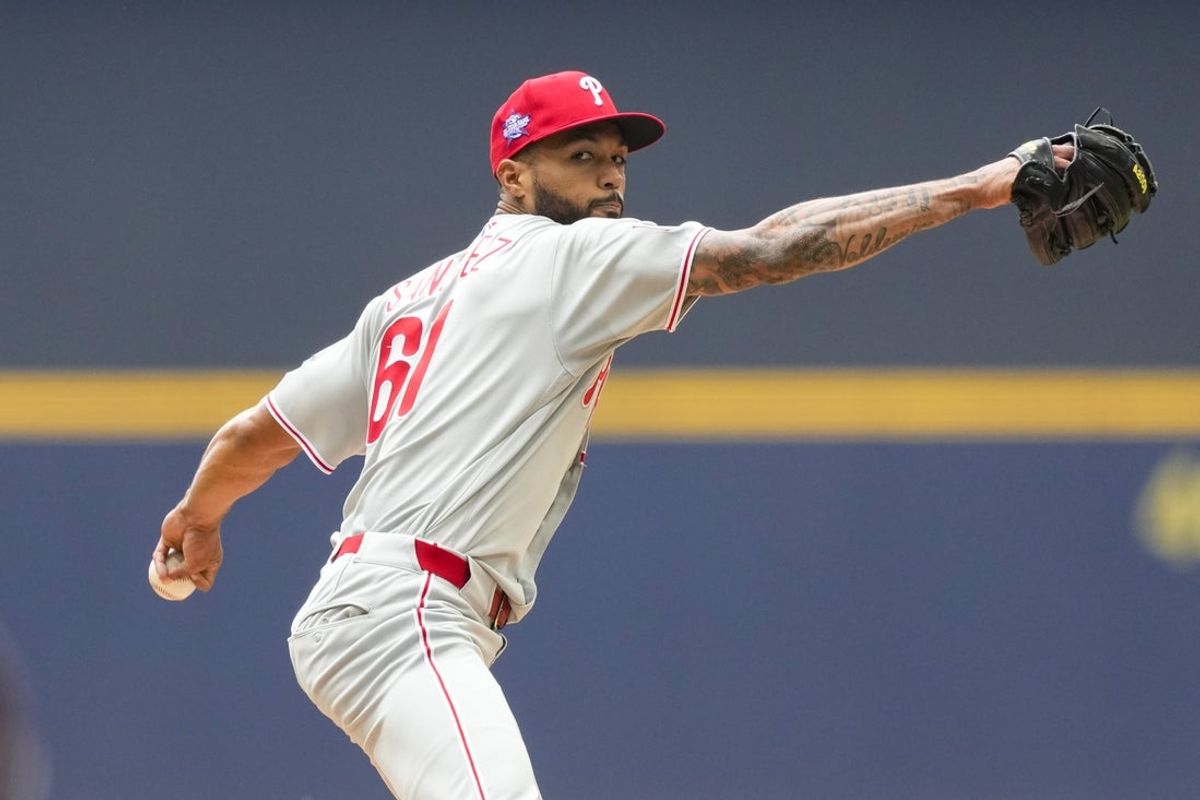 Jun 14, 2026; Milwaukee, Wisconsin, USA;  Philadelphia Phillies pitcher Cristopher Sanchez (61) throws a pitch during the first inning against the Milwaukee Brewers at American Family Field. Mandatory Credit: Jeff Hanisch-Imagn Images