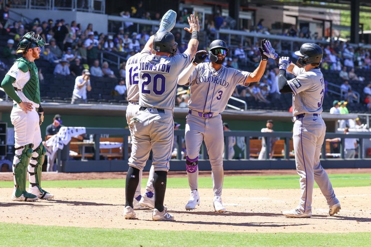 Jun 14, 2026; Summerlin, Nevada, USA;  Colorado Rockies second baseman Willi Castro (3) celebrates his grand slam home run in the eighth inning against the Athletics at Las Vegas Ballpark. Mandatory Credit: Boz Bloom-Imagn Images