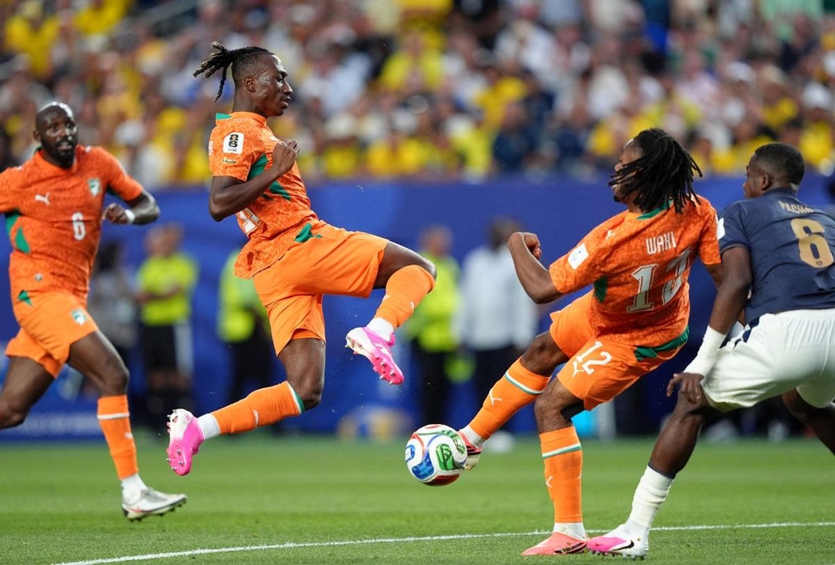 June 14, 2026; Philadelphia, Pennsylvania, U.S.; Ivory Coast's Yan Diomande and Elye Wahi in action.  Mandatory Credit: Kyle Ross-Imagn Images