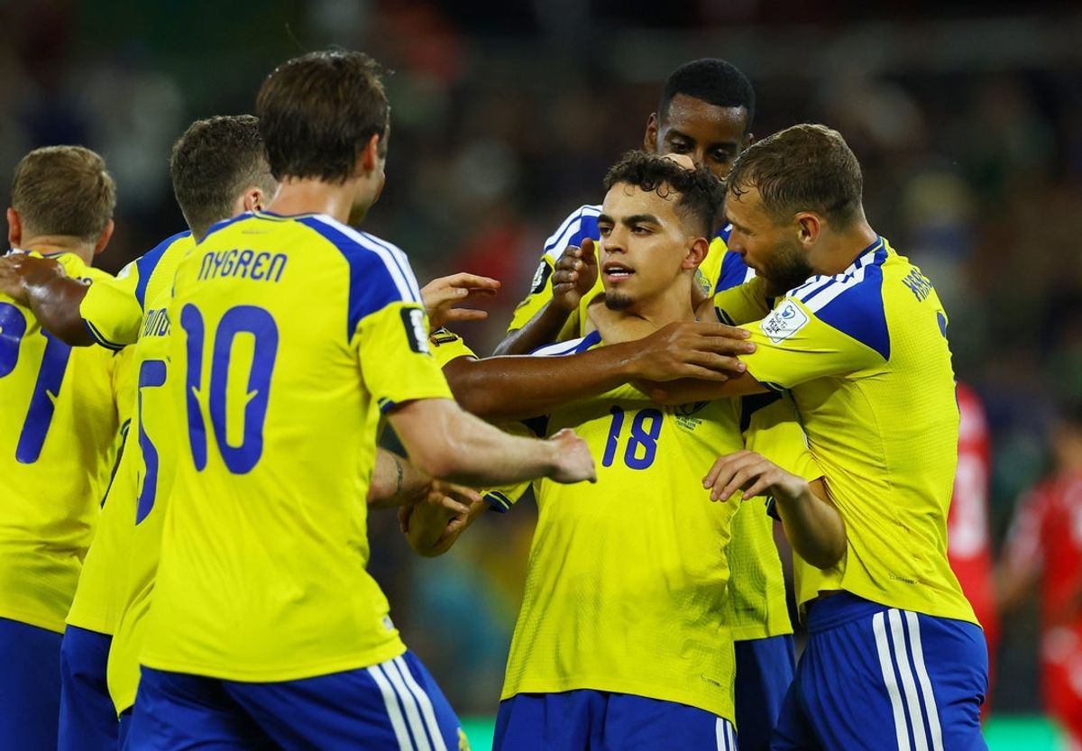 June 14, 2026; Monterrey, Mexico; Sweden's Yasin Ayari celebrates scoring their first goal with teammates.  Mandatory Credit: Daniel Becerril-Reuters via Imagn Images