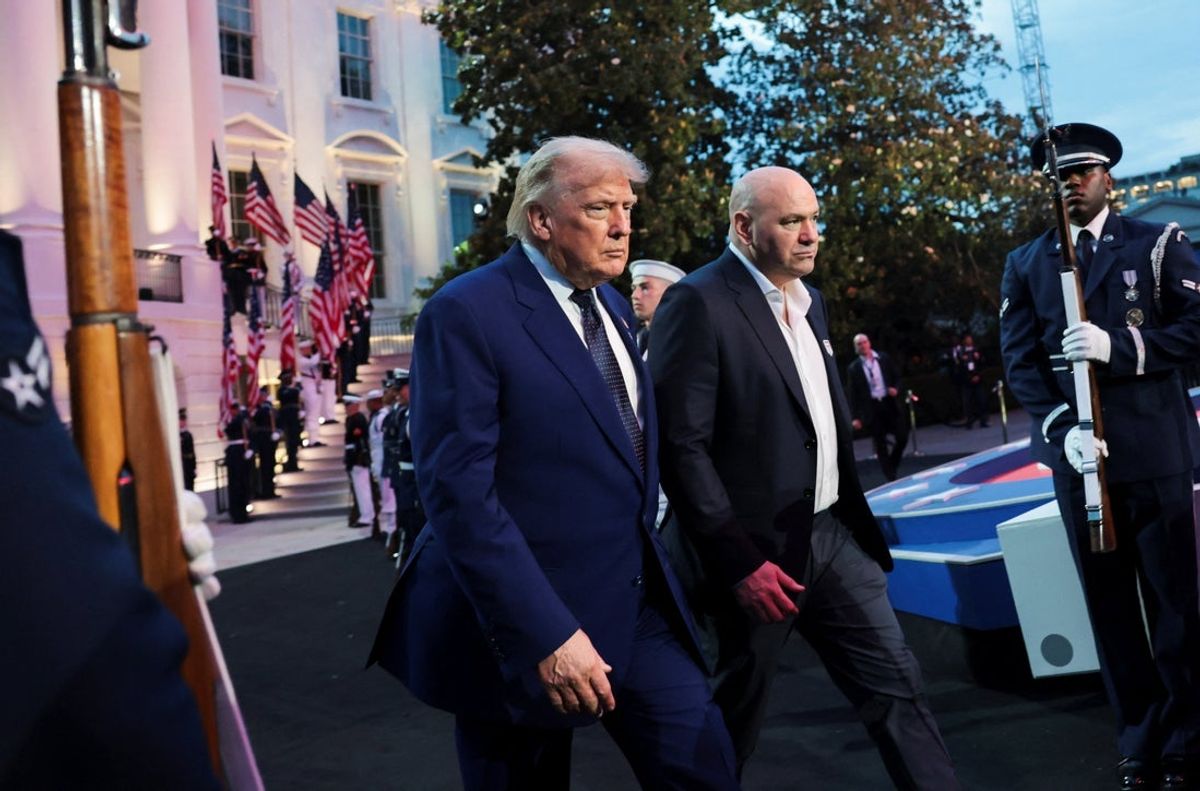 U.S. President Donald Trump and UFC CEO Dana White arrive for the UFC Freedom 250 on the South Lawn of the White House in Washington, D.C., U.S., June 14, 2026. Mandatory Credit: Jonathan Ernst/Reuters via Imagn Images