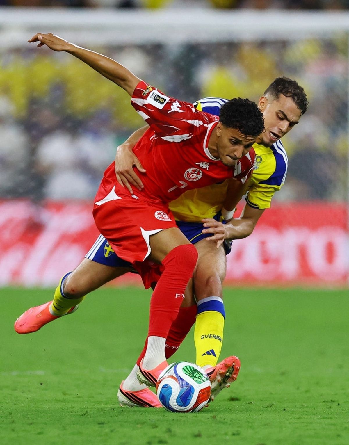 June 14, 2026; Monterrey, Mexico; Tunisia's Elias Achouri in action with Sweden's Yasin Ayari.  Mandatory Credit: Daniel Becerril-Reuters via Imagn Images