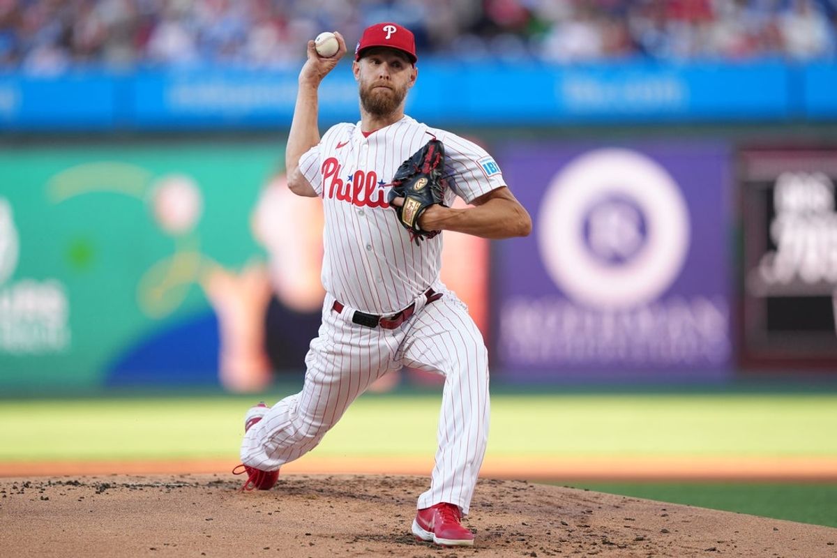 Jun 15, 2026; Philadelphia, Pennsylvania, USA; Philadelphia Phillies starting pitcher Zack Wheeler (45) throws a pitch against the Miami Marlins in the first inning at Citizens Bank Park. Mandatory Credit: Kyle Ross-Imagn Images