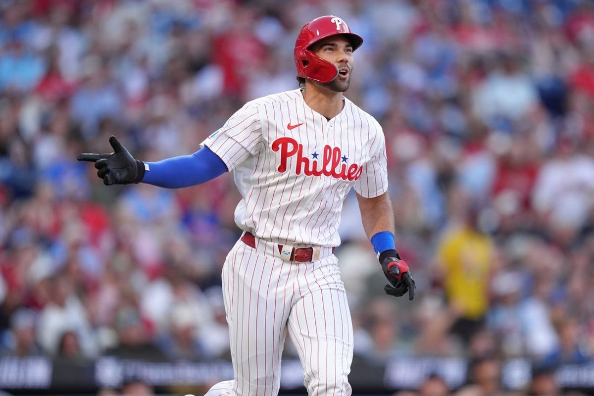 Jun 15, 2026; Philadelphia, Pennsylvania, USA; Philadelphia Phillies outfielder Gabriel Rincones Jr (17) reacts after hitting a home run against the Miami Marlins in the second inning at Citizens Bank Park. Mandatory Credit: Kyle Ross-Imagn Images