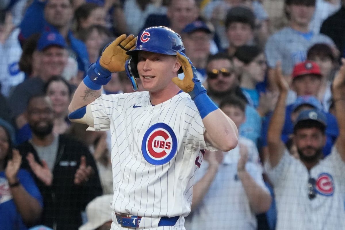 Jun 15, 2026; Chicago, Illinois, USA; Chicago Cubs center fielder Pete Crow-Armstrong (4) gestures after hitting a triple against the Colorado Rockies during the third inning at Wrigley Field. Mandatory Credit: David Banks-Imagn Images
