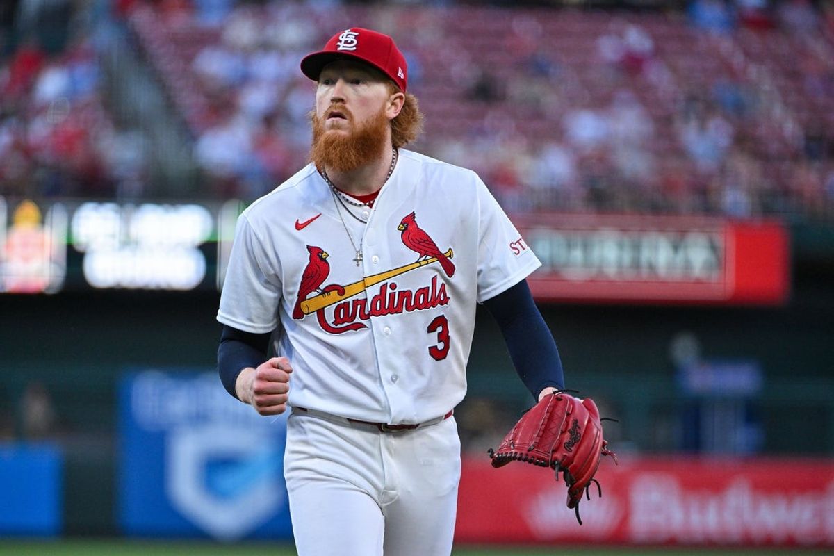 Jun 15, 2026; St. Louis, Missouri, USA; St. Louis Cardinals starting pitcher Dustin May (3) reacts as he walks off the field after the fifth inning against the San Diego Padres at Busch Stadium. Mandatory Credit: Jeff Curry-Imagn Images
