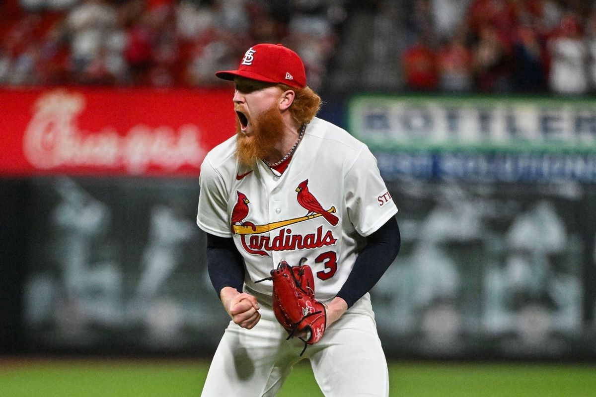 Jun 15, 2026; St. Louis, Missouri, USA; St. Louis Cardinals starting pitcher Dustin May (3) reacts after throwing a complete game one hitter against the San Diego Padres at Busch Stadium. Mandatory Credit: Jeff Curry-Imagn Images