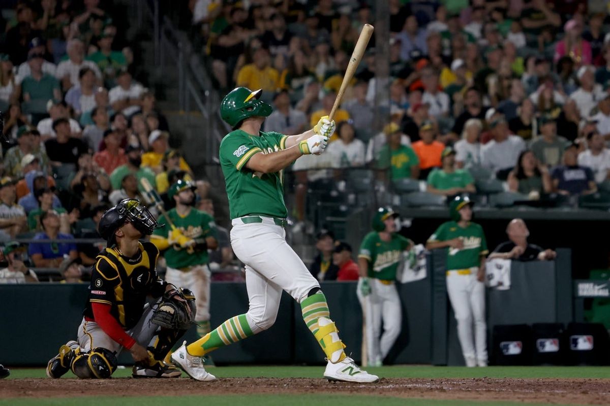 Jun 15, 2026; West Sacramento, California, USA; Athletics first baseman Nick Kurtz (16) hits a three-run home run against the Pittsburgh Pirates during the seventh inning at Sutter Health Park. Mandatory Credit: Dennis Lee-Imagn Images
