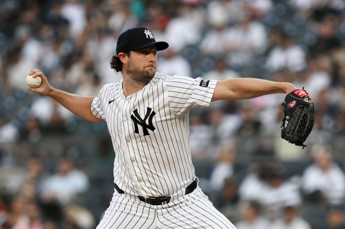 Jun 16, 2026; Bronx, New York, USA; New York Yankees pitcher Gerrit Cole (45) pitches against the Chicago White Sox during the first inning at Yankee Stadium. Mandatory Credit: John Jones-Imagn Images