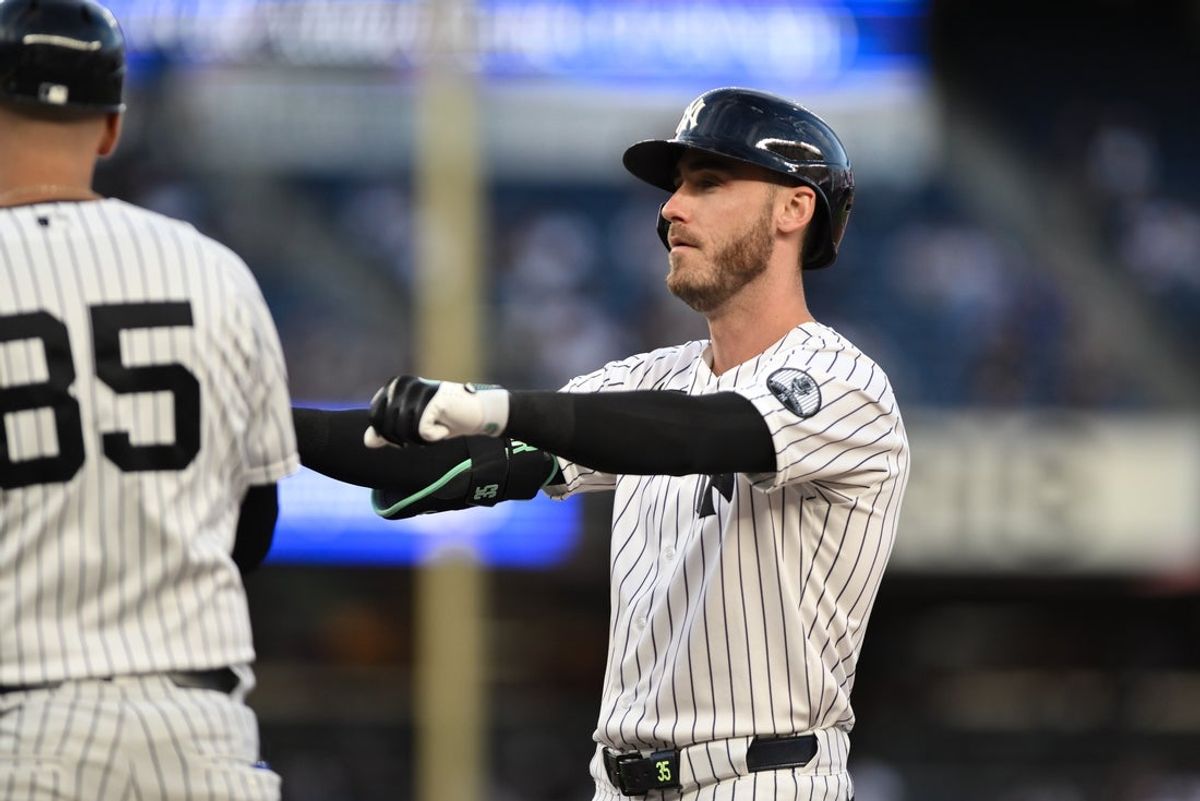 Jun 16, 2026; Bronx, New York, USA; New York Yankees left fielder Cody Bellinger (35) reacts after hitting a two RBI single against the Chicago White Sox during the third inning at Yankee Stadium. Mandatory Credit: John Jones-Imagn Images