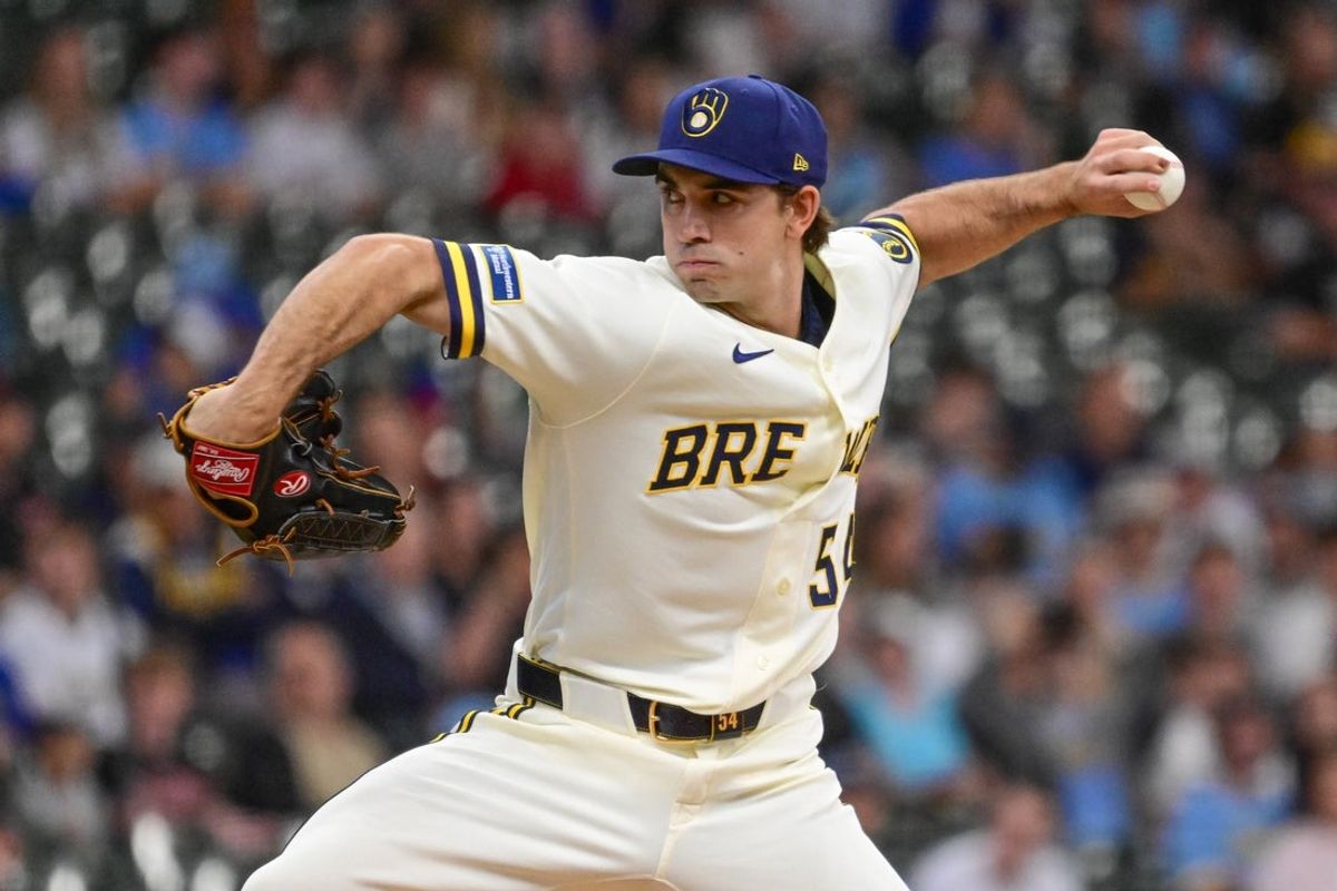 Jun 16, 2026; Milwaukee, Wisconsin, USA;  Milwaukee Brewers starting pitcher Robert Gasser (54) throws a pitch in the first inning against the Cleveland Guardians at American Family Field. Mandatory Credit: Benny Sieu-Imagn Images
