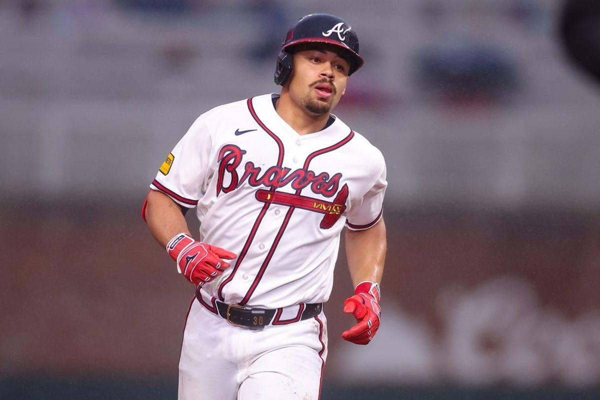 Jun 16, 2026; Atlanta, Georgia, USA; Atlanta Braves catcher Drake Baldwin (30) hits a home run against the San Francisco Giants in the first inning at Truist Park. Mandatory Credit: Brett Davis-Imagn Images