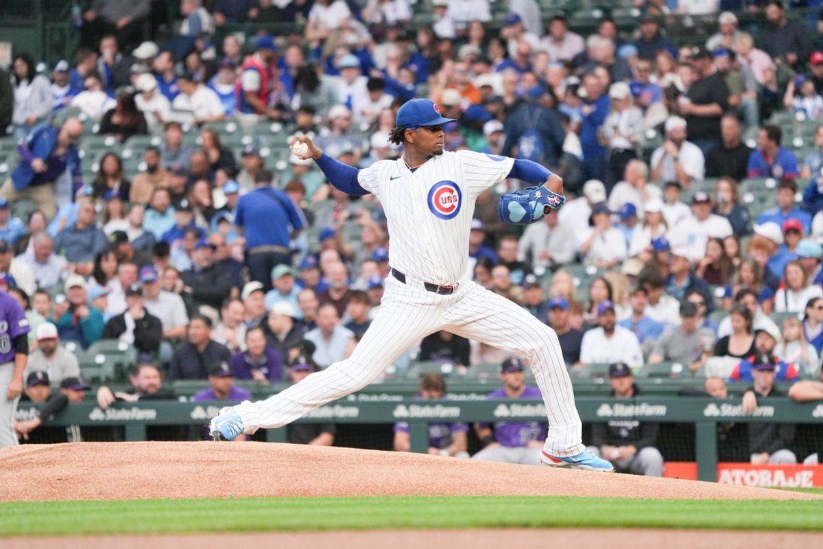 Jun 16, 2026; Chicago, Illinois, USA; Chicago Cubs pitcher Edward Cabrera (30) throws the ball against the Colorado Rockies during the first inning at Wrigley Field. Mandatory Credit: David Banks-Imagn Images