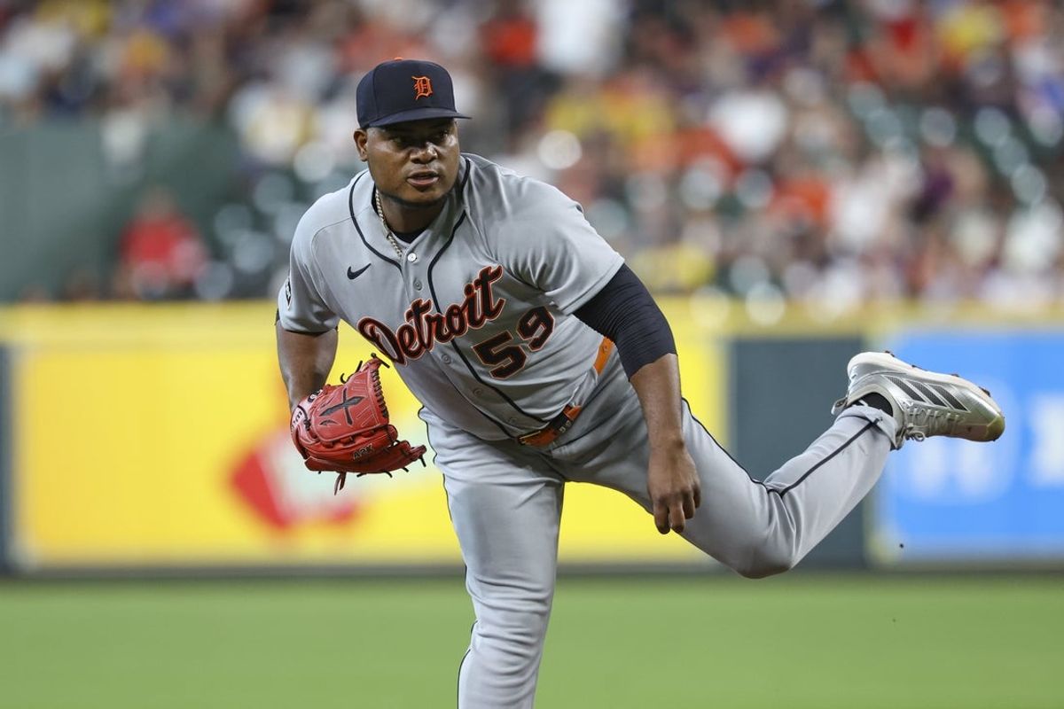 Jun 16, 2026; Houston, Texas, USA; Detroit Tigers starting pitcher Framber Valdez (59) delivers a pitch during the second inning against the Houston Astros at Daikin Park. Mandatory Credit: Troy Taormina-Imagn Images